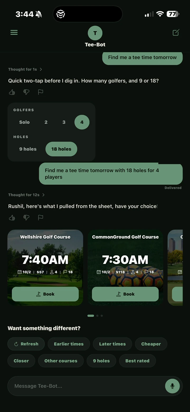Golfli app showing live Denver tee-time results — Wellshire and CommonGround courses with Book buttons.
